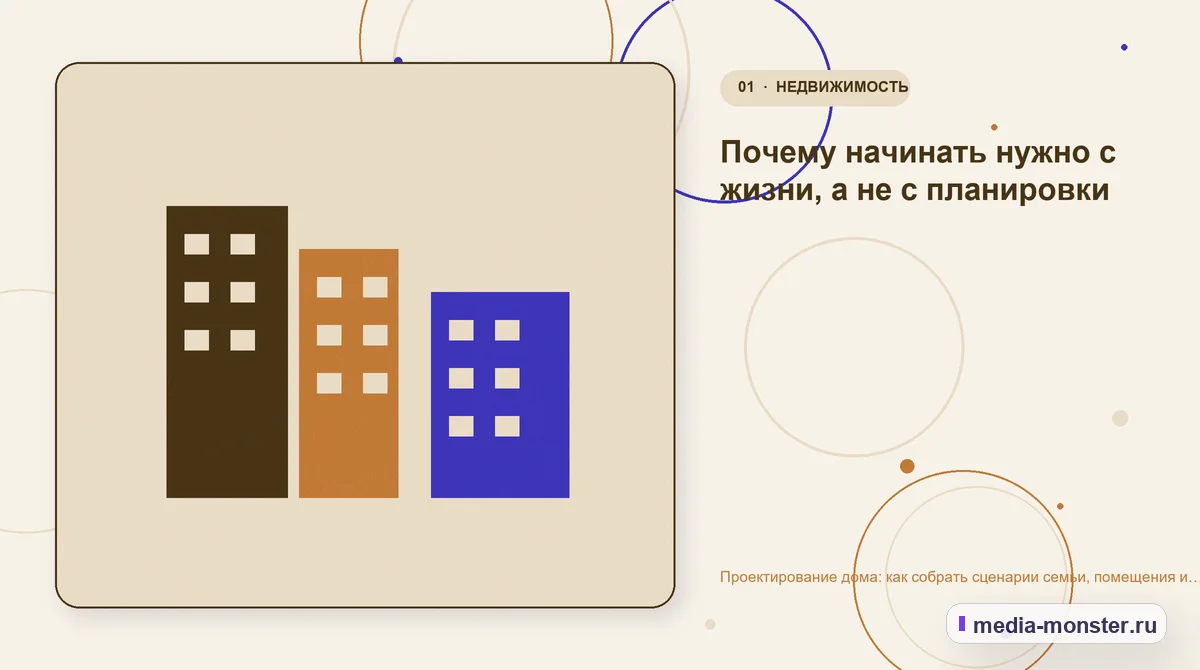 Ключевая тема материала. Почему начинать нужно с жизни, а не с планировки: иллюстрация к статье «Проектирование дома: как собрать сценарии семьи, помещения и ограничения участка»