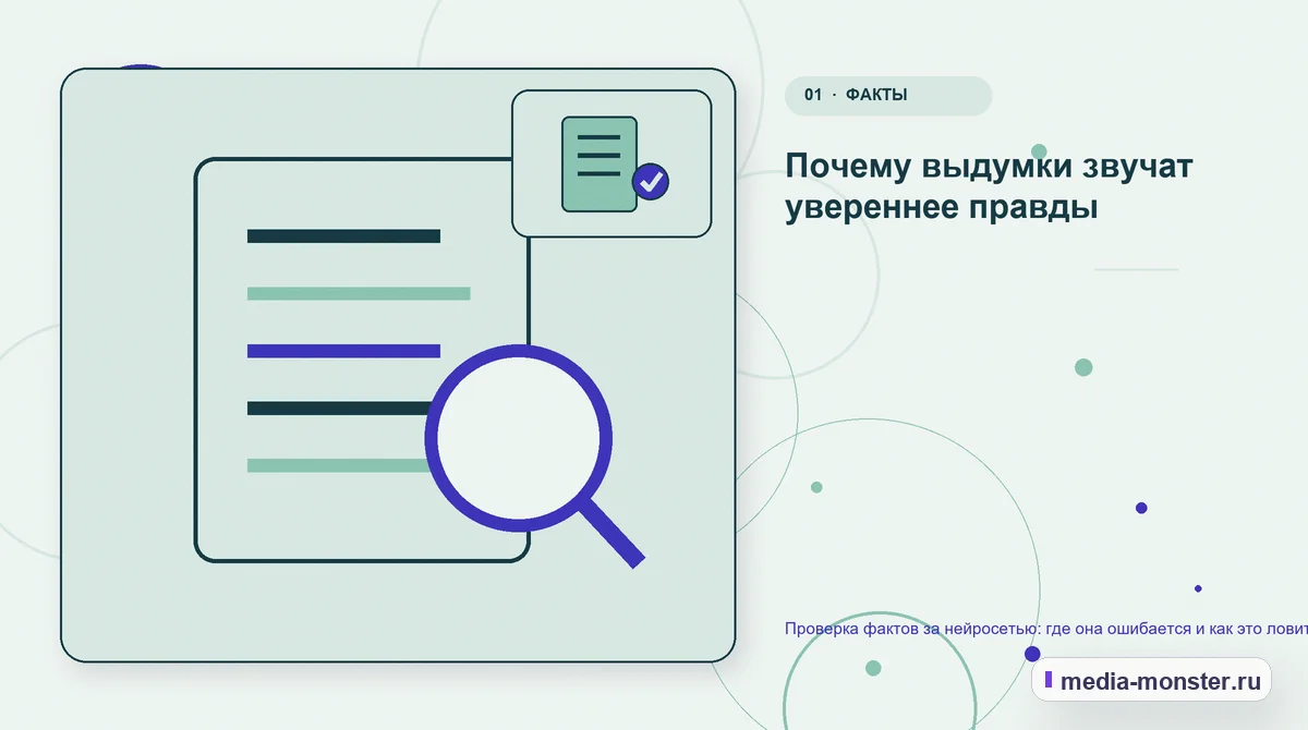 Изображение 1: Ключевая тема материала — Проверка фактов за нейросетью: где она ошибается и как это ловить | Media Monster Ключевая тема материала. Почему выдумки звучат увереннее правды: иллюстрация к статье «Проверка фактов за нейросетью: где она ошибается и как это ловить»