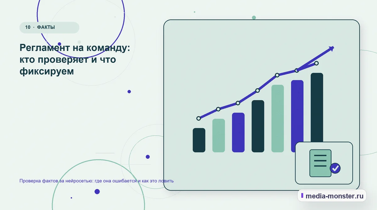 Изображение 10: Итог и следующий шаг — Проверка фактов за нейросетью: где она ошибается и как это ловить | Media Monster Итог и следующий шаг. Регламент на команду: кто проверяет и что фиксируем: иллюстрация к статье «Проверка фактов за нейросетью: где она ошибается и как это ловить»