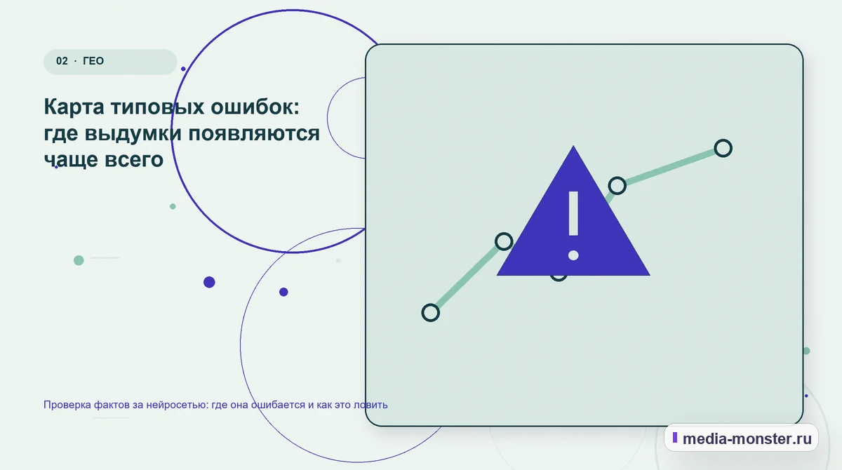 Изображение 2: Проблема и точка потери — Проверка фактов за нейросетью: где она ошибается и как это ловить | Media Monster Проблема и точка потери. Карта типовых ошибок: где выдумки появляются чаще всего: иллюстрация к статье «Проверка фактов за нейросетью: где она ошибается и как это ловить»