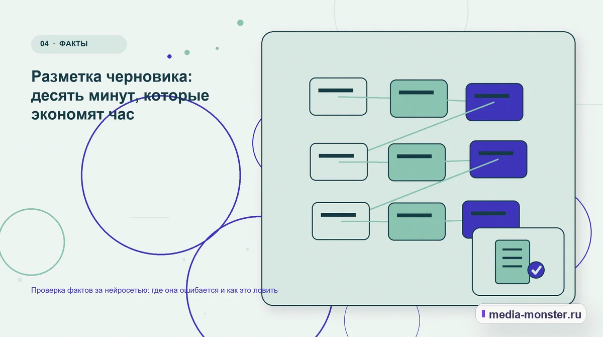 Изображение 4: Структура решения — Проверка фактов за нейросетью: где она ошибается и как это ловить | Media Monster Структура решения. Разметка черновика: десять минут, которые экономят час: иллюстрация к статье «Проверка фактов за нейросетью: где она ошибается и как это ловить»