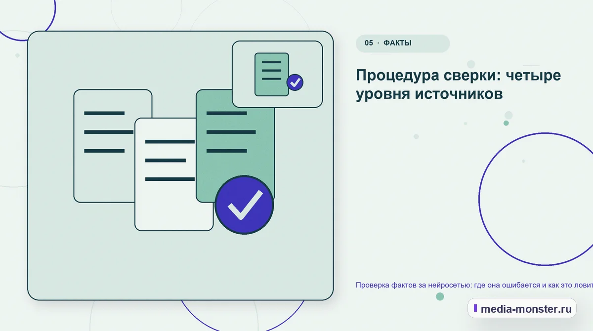 Изображение 5: Данные и доказательства — Проверка фактов за нейросетью: где она ошибается и как это ловить | Media Monster Данные и доказательства. Процедура сверки: четыре уровня источников: иллюстрация к статье «Проверка фактов за нейросетью: где она ошибается и как это ловить»