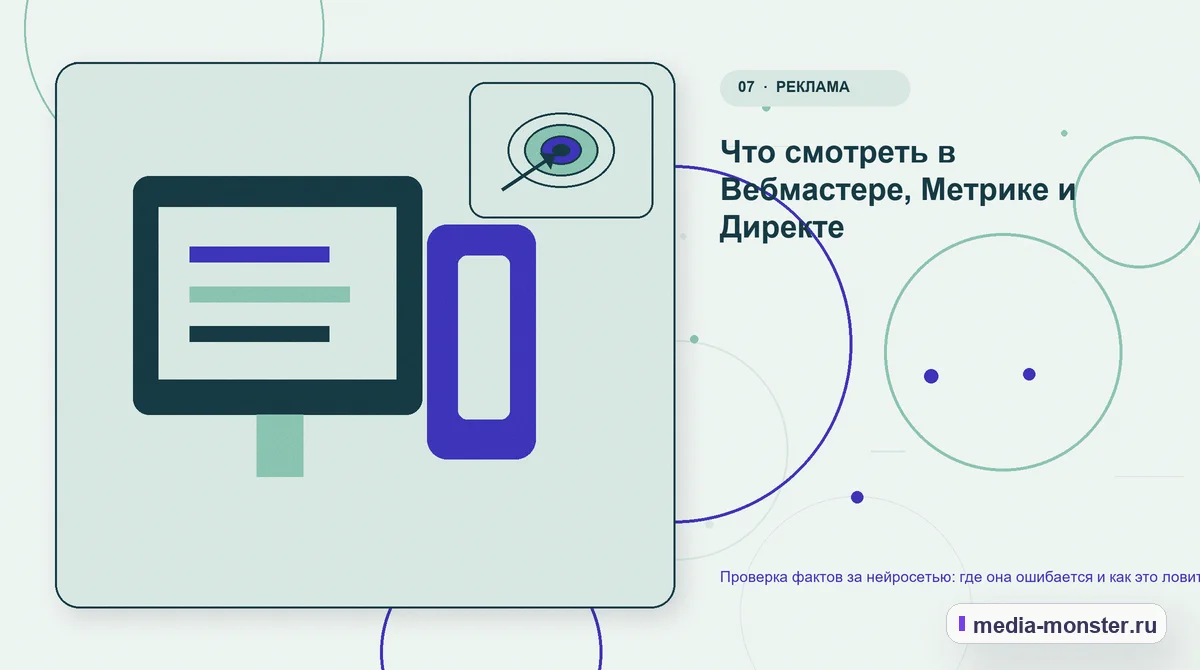 Изображение 7: Каналы и точки контакта — Проверка фактов за нейросетью: где она ошибается и как это ловить | Media Monster Каналы и точки контакта. Что смотреть в Вебмастере, Метрике и Директе: иллюстрация к статье «Проверка фактов за нейросетью: где она ошибается и как это ловить»