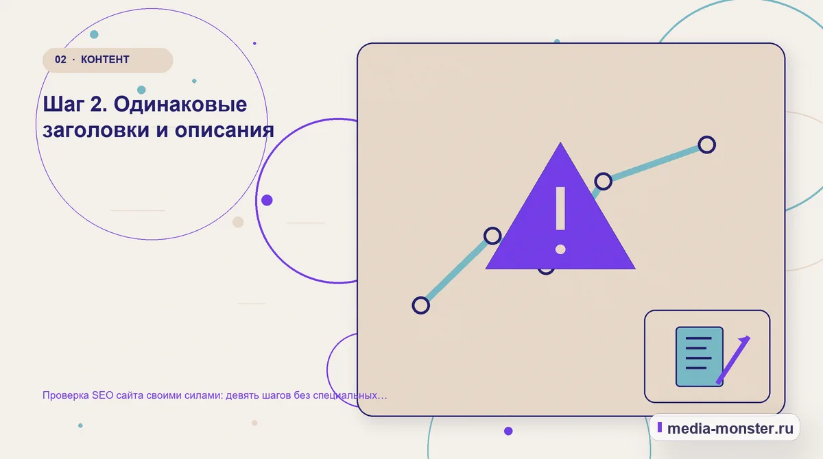 Проблема и точка потери. Шаг 2. Одинаковые заголовки и описания: иллюстрация к статье «Проверка SEO сайта своими силами: девять шагов без специальных программ»