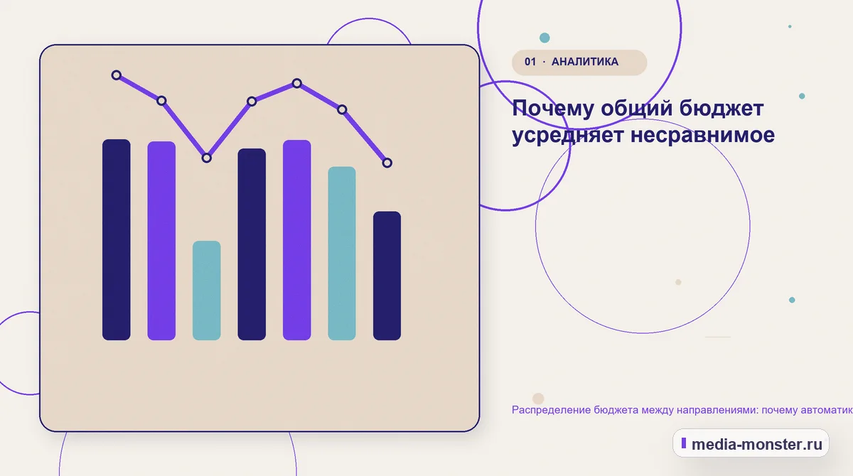 Изображение 1: Ключевая тема материала — Распределение бюджета между направлениями: почему автоматика решает это плохо | Media Monster Ключевая тема материала. Почему общий бюджет усредняет несравнимое: иллюстрация к статье «Распределение бюджета между направлениями: почему автоматика решает это плохо»