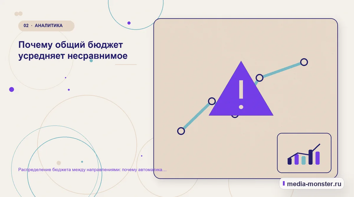 Изображение 2: Проблема и точка потери — Распределение бюджета между направлениями: почему автоматика решает это плохо | Media Monster Проблема и точка потери. Почему общий бюджет усредняет несравнимое: иллюстрация к статье «Распределение бюджета между направлениями: почему автоматика решает это плохо»