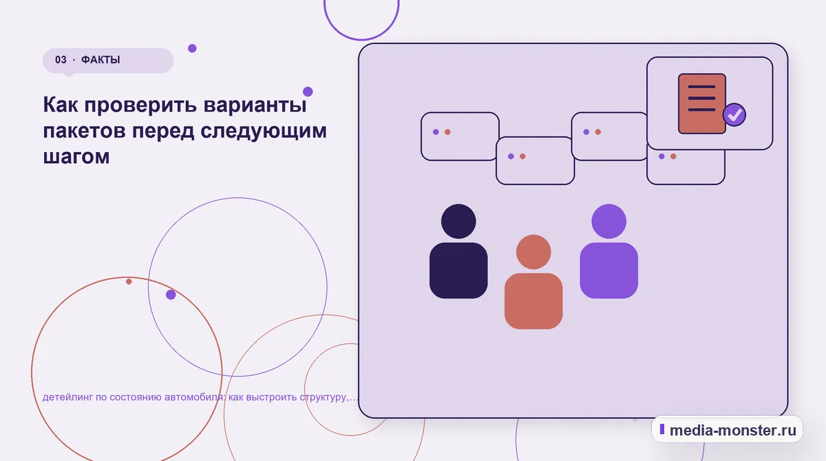 Аудитория и сценарий выбора. Как проверить варианты пакетов перед следующим шагом: иллюстрация к статье «детейлинг по состоянию автомобиля: как выстроить структуру, содержание и путь до…