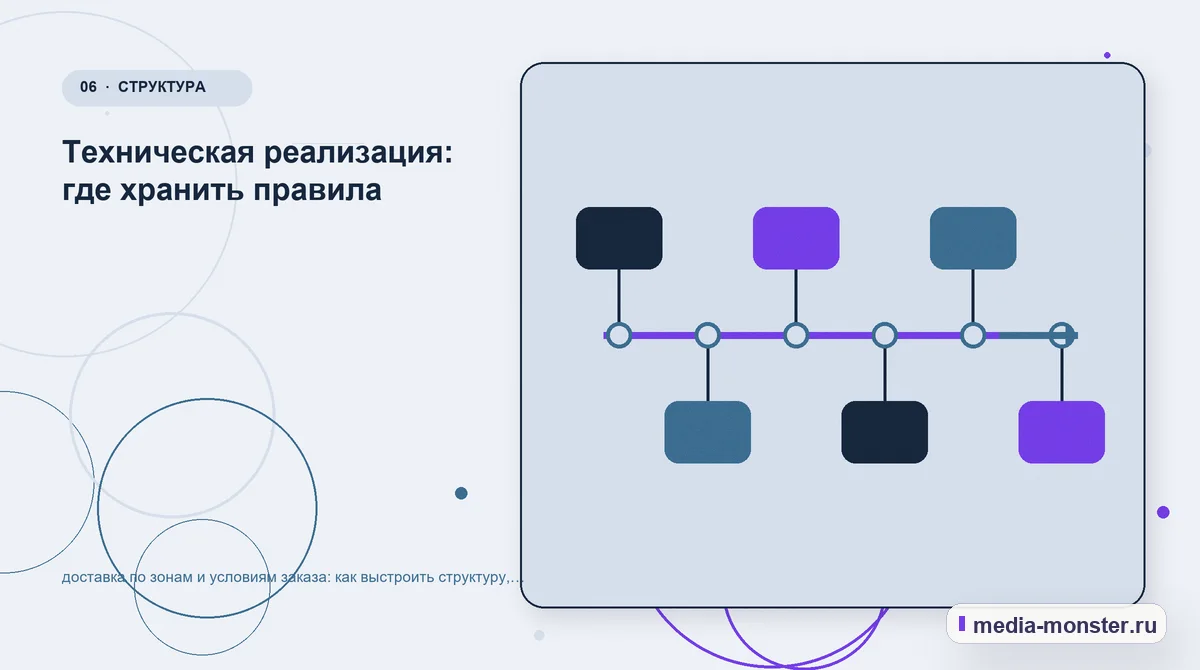Изображение 6: Последовательность работы — доставка по зонам и условиям заказа: как выстроить структуру, содержание и путь до заявки | Media Monster Последовательность работы. Техническая реализация: где хранить правила: иллюстрация к статье «доставка по зонам и условиям заказа: как выстроить структуру, содержание и путь до заявки»