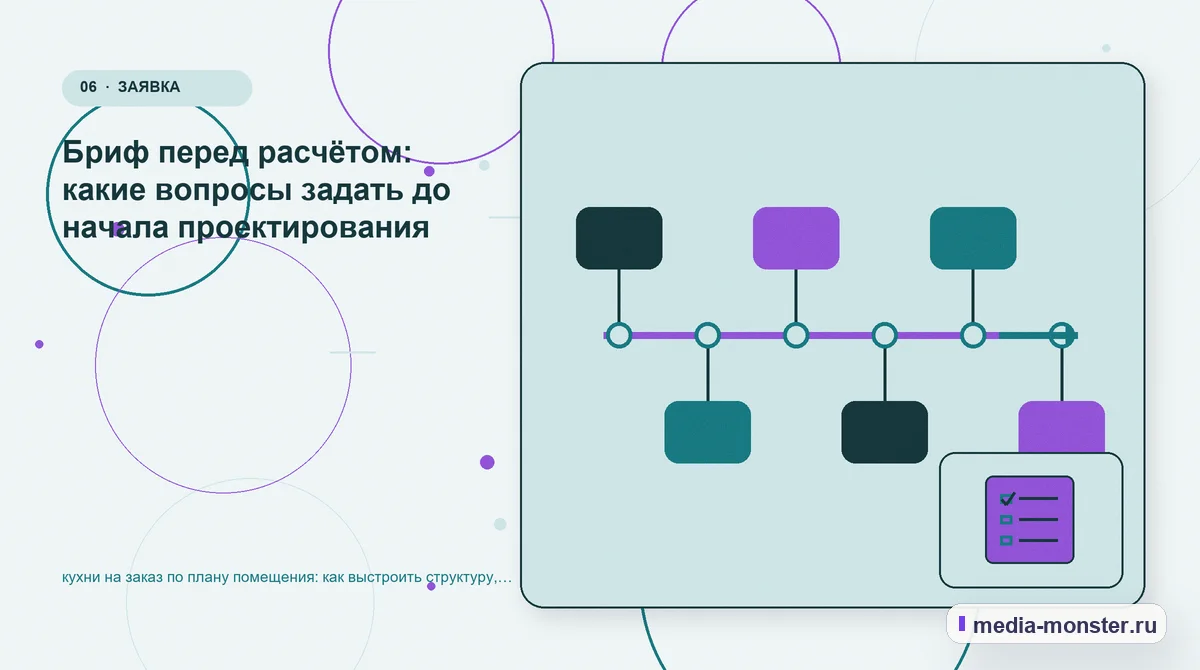 Последовательность работы. Бриф перед расчётом: какие вопросы задать до начала проектирования: иллюстрация к статье «кухни на заказ по плану помещения: как выстроить структуру, содержание…