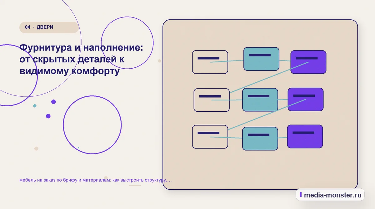 Структура решения. Фурнитура и наполнение: от скрытых деталей к видимому комфорту: иллюстрация к статье «мебель на заказ по брифу и материалам: как выстроить структуру, содержание и путь…