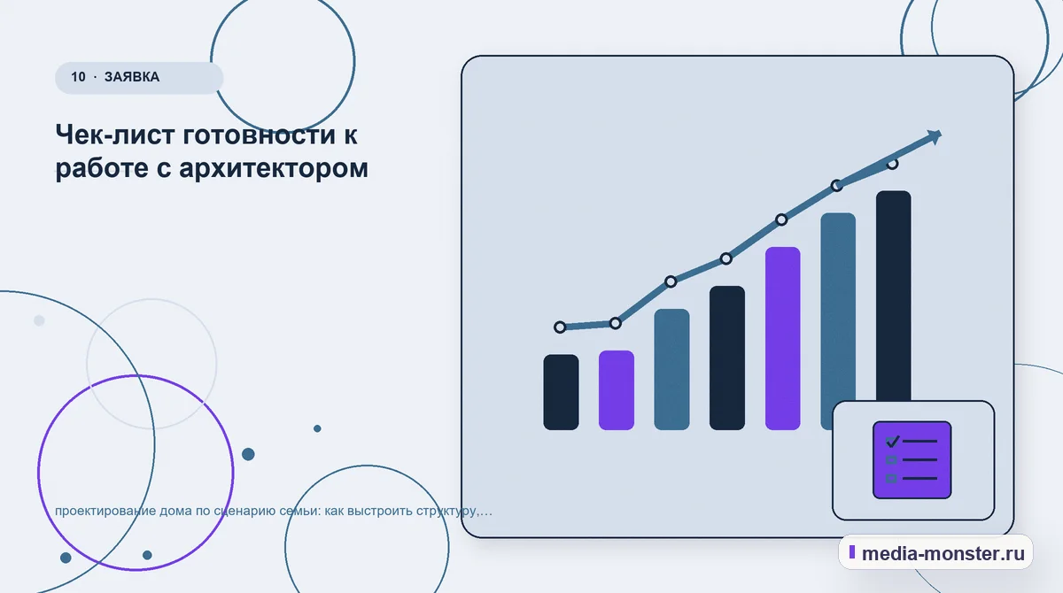 Изображение 10: Итог и следующий шаг — Проектирование дома по сценарию семьи: как выстроить структуру, содержание и путь до заявки | Media Monster Итог и следующий шаг. Чек-лист готовности к работе с архитектором: иллюстрация к статье «Проектирование дома по сценарию семьи: как выстроить структуру, содержание и путь до заявки»