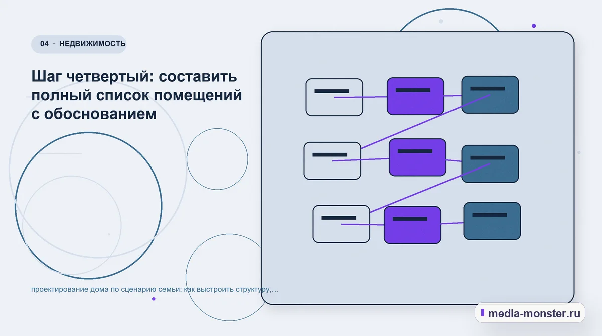 Изображение 4: Структура решения — Проектирование дома по сценарию семьи: как выстроить структуру, содержание и путь до заявки | Media Monster Структура решения. Шаг четвертый: составить полный список помещений с обоснованием: иллюстрация к статье «Проектирование дома по сценарию семьи: как выстроить структуру, содержание и путь…