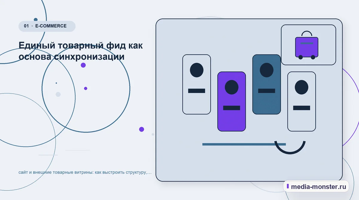 Ключевая тема материала. Единый товарный фид как основа синхронизации: иллюстрация к статье «сайт и внешние товарные витрины: как выстроить структуру, содержание и путь до заявки»