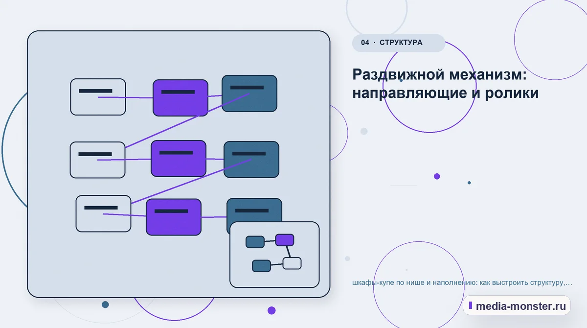 Структура решения. Раздвижной механизм: направляющие и ролики: иллюстрация к статье «шкафы-купе по нише и наполнению: как выстроить структуру, содержание и путь до заявки»