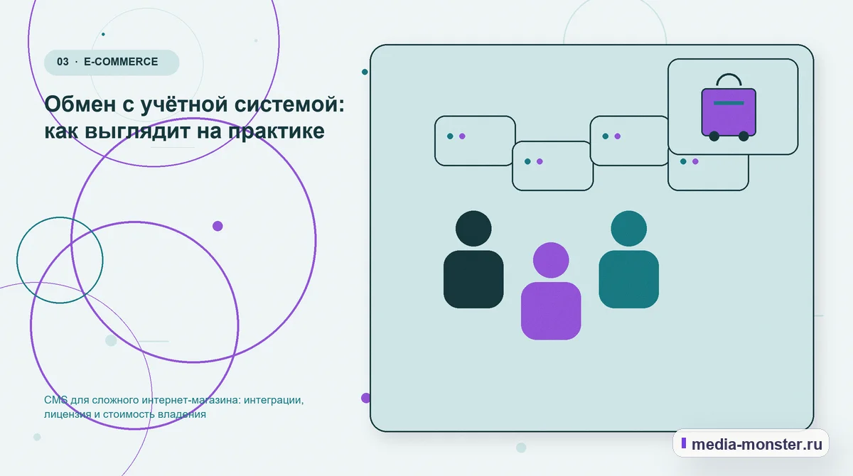 Изображение 3: Аудитория и сценарий выбора — CMS для сложного интернет-магазина: интеграции, лицензия и стоимость владения | Media Monster Аудитория и сценарий выбора. Обмен с учётной системой: как выглядит на практике: иллюстрация к статье «CMS для сложного интернет-магазина: интеграции, лицензия и стоимость владения»