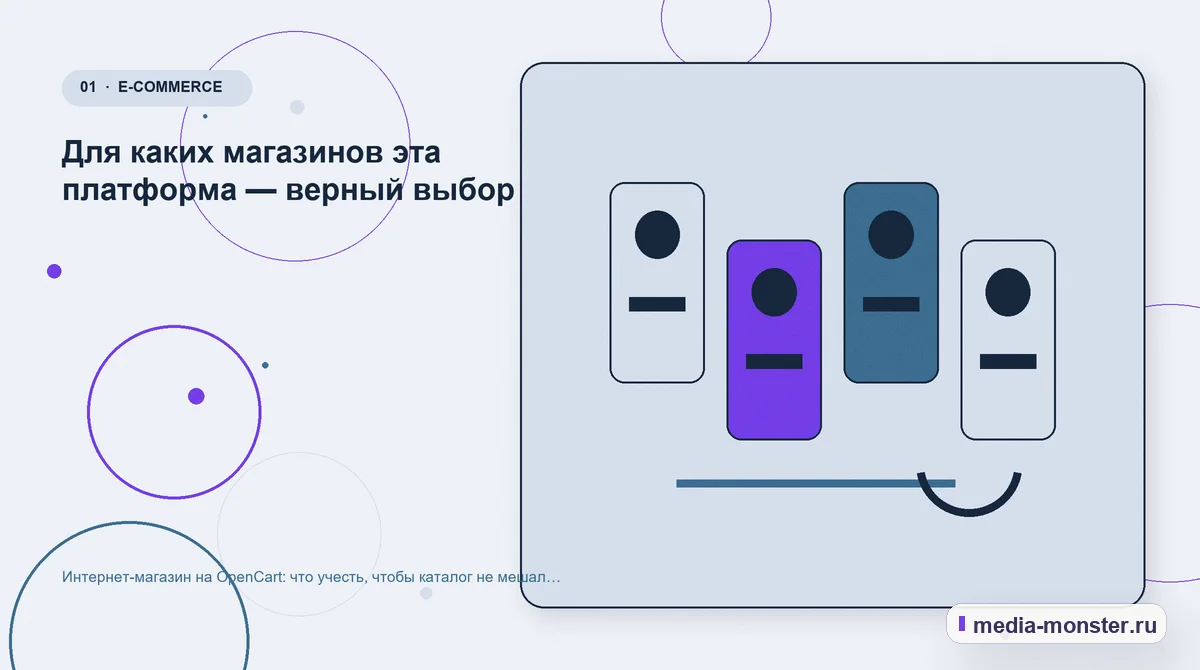Изображение 1: Ключевая тема материала — Интернет-магазин на OpenCart: что учесть, чтобы каталог не мешал продвижению | Media Monster Ключевая тема материала. Для каких магазинов эта платформа — верный выбор: иллюстрация к статье «Интернет-магазин на OpenCart: что учесть, чтобы каталог не мешал продвижению»