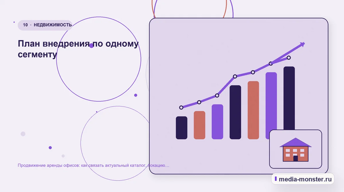 Изображение 10: Итог и следующий шаг — Продвижение аренды офисов: как связать актуальный каталог, локацию и запись на просмотр | Media Monster Итог и следующий шаг. План внедрения по одному сегменту: иллюстрация к статье «Продвижение аренды офисов: как связать актуальный каталог, локацию и запись на просмотр»