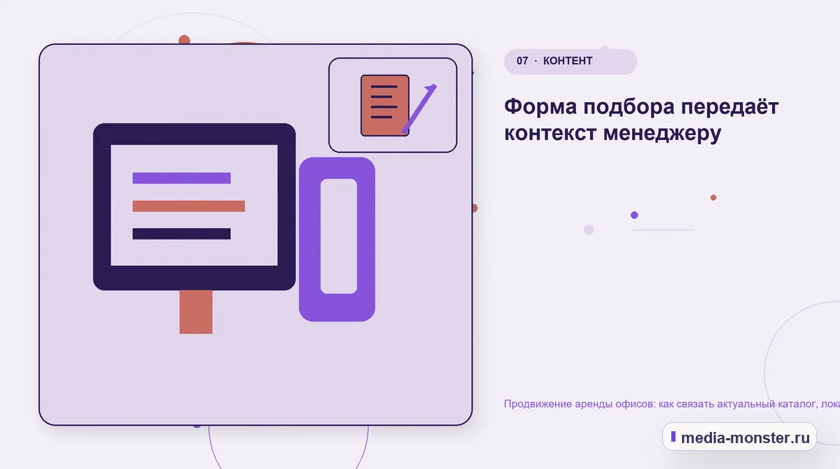 Каналы и точки контакта. Форма подбора передаёт контекст менеджеру: иллюстрация к статье «Продвижение аренды офисов: как связать актуальный каталог, локацию и запись на просмотр»
