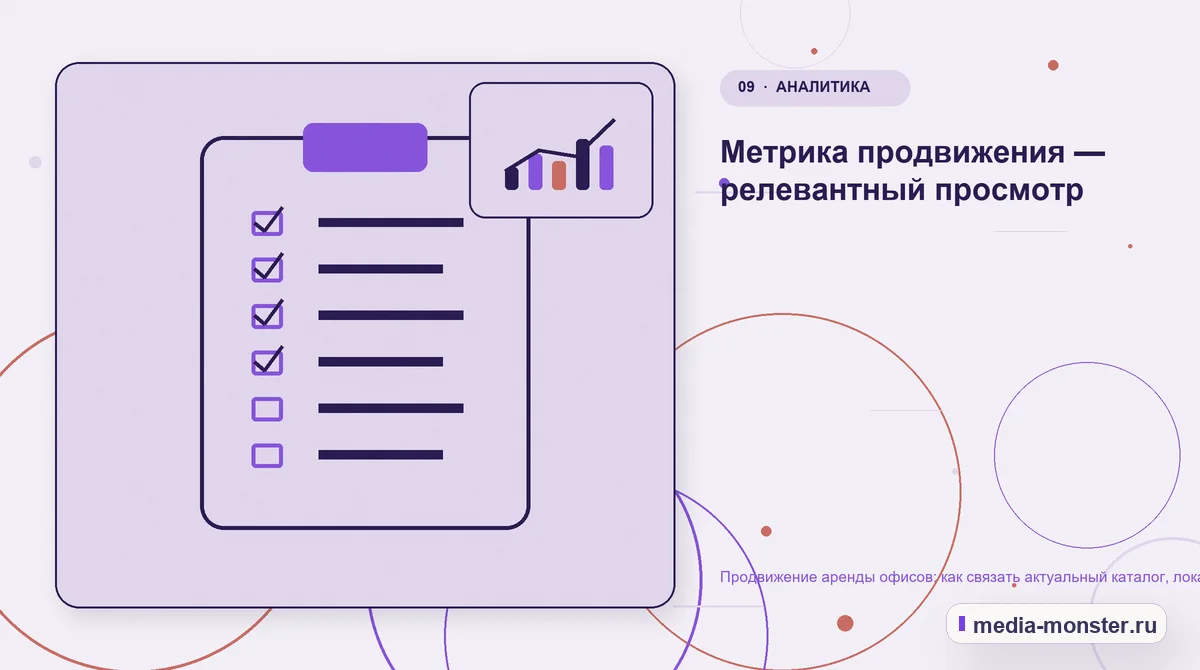 Контрольные показатели. Метрика продвижения — релевантный просмотр: иллюстрация к статье «Продвижение аренды офисов: как связать актуальный каталог, локацию и запись на просмотр»