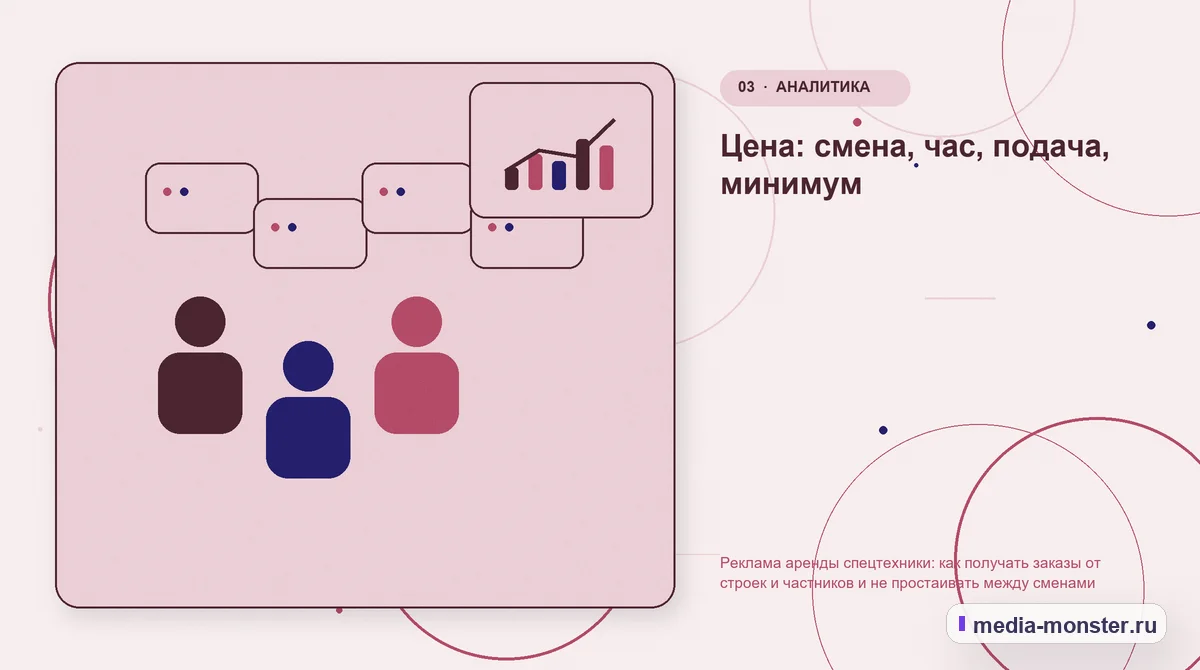 Аудитория и сценарий выбора. Цена: смена, час, подача, минимум: иллюстрация к статье «Реклама аренды спецтехники: как получать заказы от строек и частников и не простаивать между сменами»