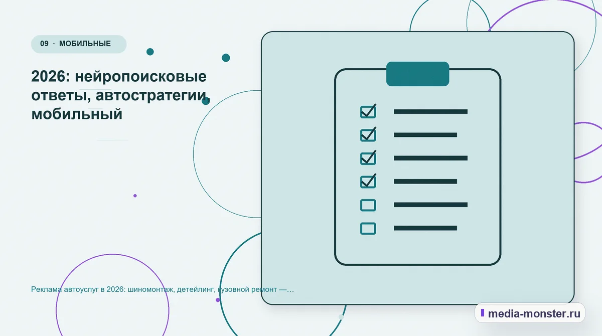 Изображение 9: Контрольные показатели — Реклама автоуслуг в 2026: шиномонтаж, детейлинг, кузовной ремонт — что окупается | Media Monster Контрольные показатели. 2026: нейропоисковые ответы, автостратегии, мобильный: иллюстрация к статье «Реклама автоуслуг в 2026: шиномонтаж, детейлинг, кузовной ремонт — что окупается»