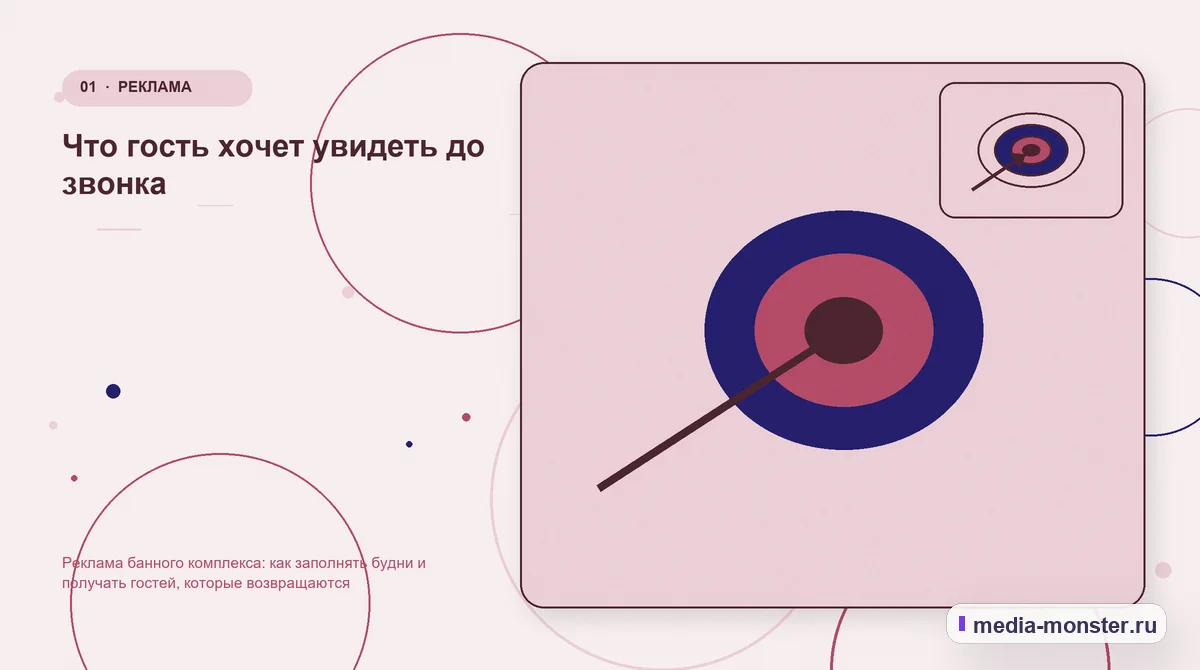 Ключевая тема материала. Что гость хочет увидеть до звонка: иллюстрация к статье «Реклама банного комплекса: как заполнять будни и получать гостей, которые возвращаются»