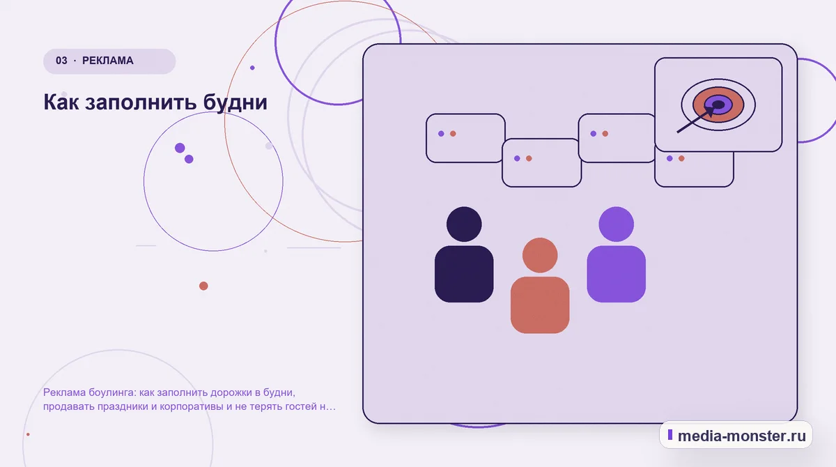 Изображение 3: Аудитория и сценарий выбора — Реклама боулинга: как заполнить дорожки в будни, продавать праздники и корпоративы и не терять гостей на бронировании |… Аудитория и сценарий выбора. Как заполнить будни: иллюстрация к статье «Реклама боулинга: как заполнить дорожки в будни, продавать праздники и корпоративы и не терять гостей на бронировании»