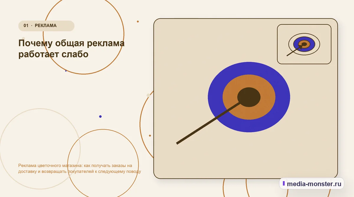 Ключевая тема материала. Почему общая реклама работает слабо: иллюстрация к статье «Реклама цветочного магазина: как получать заказы на доставку и возвращать покупателей к следующему поводу»