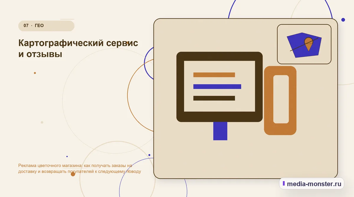 Каналы и точки контакта. Картографический сервис и отзывы: иллюстрация к статье «Реклама цветочного магазина: как получать заказы на доставку и возвращать покупателей к следующему поводу»
