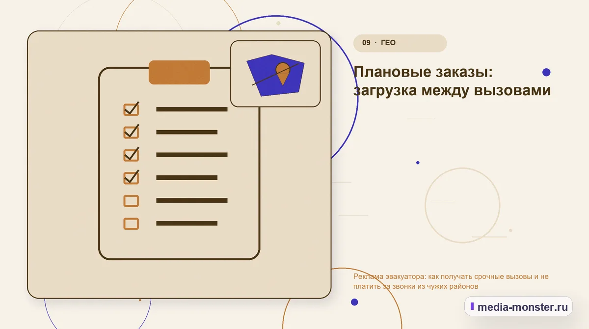 Контрольные показатели. Плановые заказы: загрузка между вызовами: иллюстрация к статье «Реклама эвакуатора: как получать срочные вызовы и не платить за звонки из чужих районов»