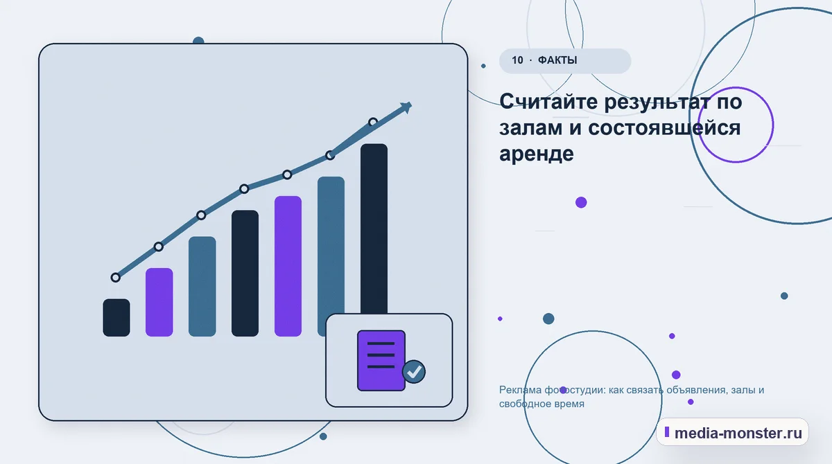 Итог и следующий шаг. Считайте результат по залам и состоявшейся аренде: иллюстрация к статье «Реклама фотостудии: как связать объявления, залы и свободное время»