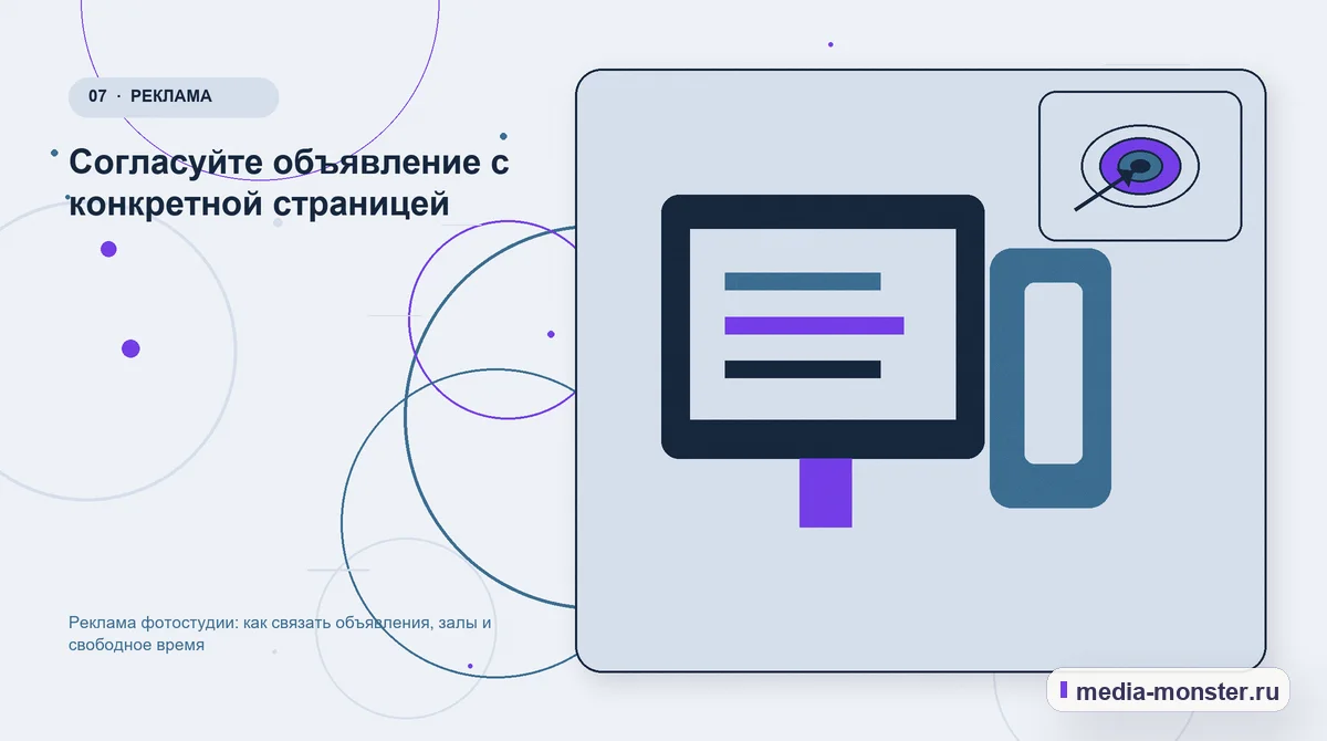 Каналы и точки контакта. Согласуйте объявление с конкретной страницей: иллюстрация к статье «Реклама фотостудии: как связать объявления, залы и свободное время»