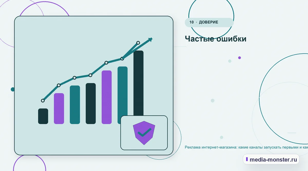 Итог и следующий шаг. Частые ошибки: иллюстрация к статье «Реклама интернет-магазина: какие каналы запускать первыми и как не слить бюджет»