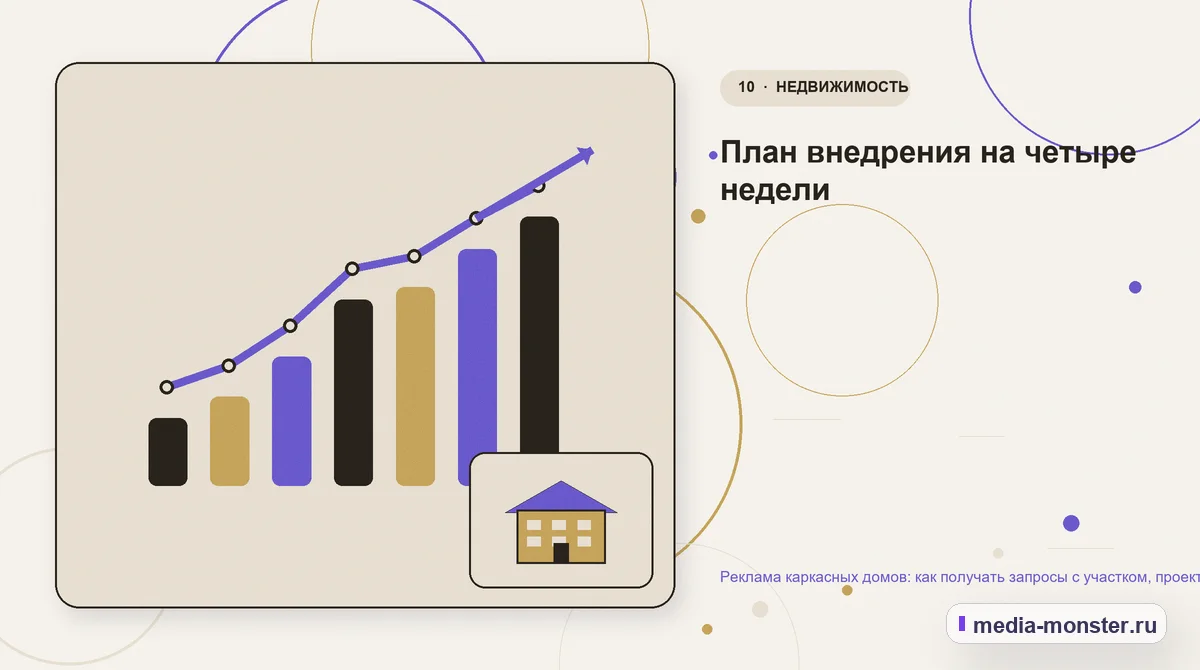 Изображение 10: Итог и следующий шаг — Реклама каркасных домов: как получать запросы с участком, проектом и понятной комплектацией | Media Monster Итог и следующий шаг. План внедрения на четыре недели: иллюстрация к статье «Реклама каркасных домов: как получать запросы с участком, проектом и понятной комплектацией»