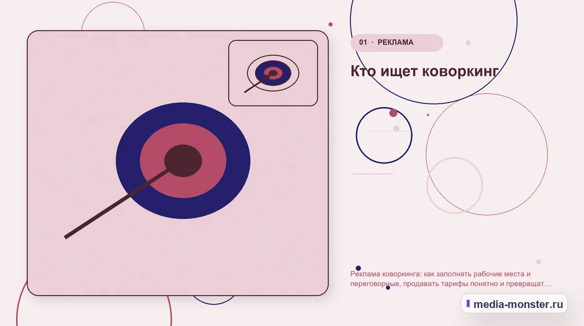 Изображение 1: Ключевая тема материала — Реклама коворкинга: как заполнять рабочие места и переговорные, продавать тарифы понятно и превращать гостя пробного дня в… Ключевая тема материала. Кто ищет коворкинг: иллюстрация к статье «Реклама коворкинга: как заполнять рабочие места и переговорные, продавать тарифы понятно и превращать гостя пробного дня…