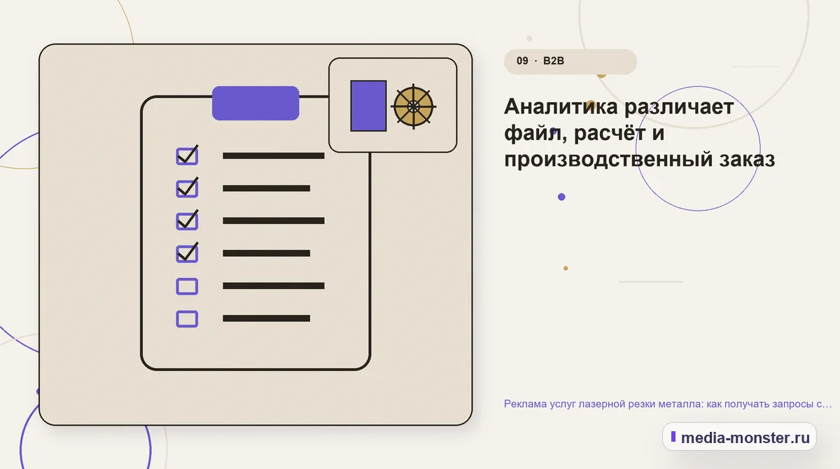 Контрольные показатели. Аналитика различает файл, расчёт и производственный заказ: иллюстрация к статье «Реклама услуг лазерной резки металла: как получать запросы с файлами и параметрами»
