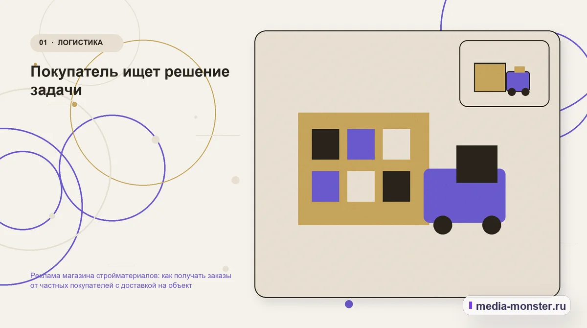 Ключевая тема материала. Покупатель ищет решение задачи: иллюстрация к статье «Реклама магазина стройматериалов: как получать заказы от частных покупателей с доставкой на объект»