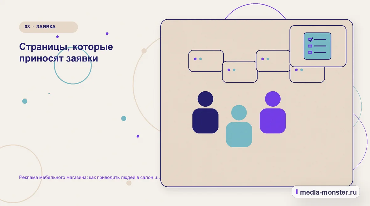 Аудитория и сценарий выбора. Страницы, которые приносят заявки: иллюстрация к статье «Реклама мебельного магазина: как приводить людей в салон и получать заказы с сайта»