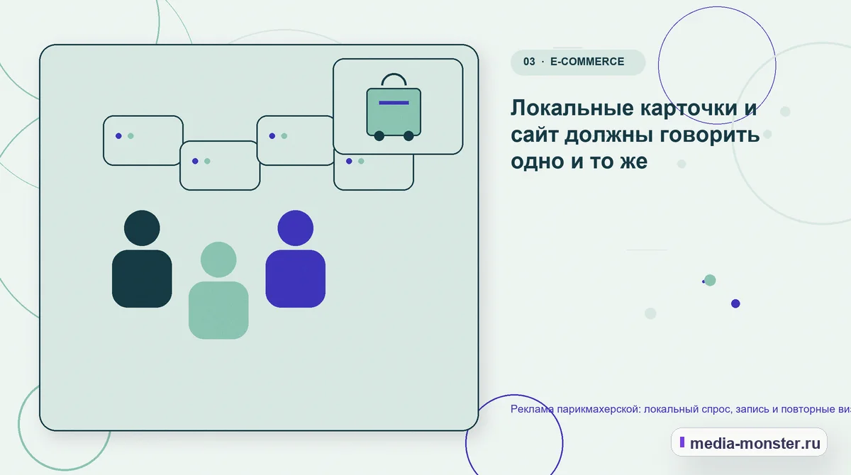 Изображение 3: Аудитория и сценарий выбора — Реклама парикмахерской: локальный спрос, запись и повторные визиты | Media Monster Аудитория и сценарий выбора. Локальные карточки и сайт должны говорить одно и то же: иллюстрация к статье «Реклама парикмахерской: локальный спрос, запись и повторные визиты»