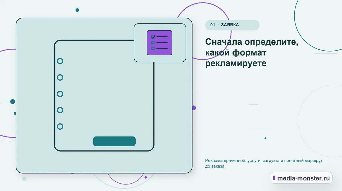 Ключевая тема материала. Сначала определите, какой формат рекламируете: иллюстрация к статье «Реклама прачечной: услуги, загрузка и понятный маршрут до заказа»