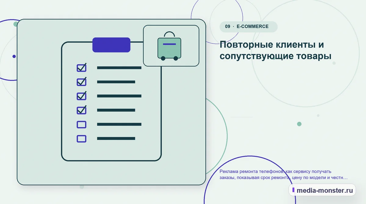 Контрольные показатели. Повторные клиенты и сопутствующие товары: иллюстрация к статье «Реклама ремонта телефонов: как сервису получать заказы, показывая срок ремонта, цену по модели и…