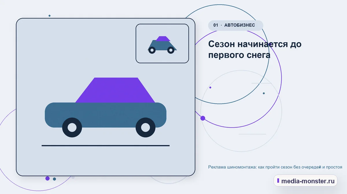 Изображение 1: Ключевая тема материала — Реклама шиномонтажа: как пройти сезон без очередей и простоя | Media Monster Ключевая тема материала. Сезон начинается до первого снега: иллюстрация к статье «Реклама шиномонтажа: как пройти сезон без очередей и простоя»