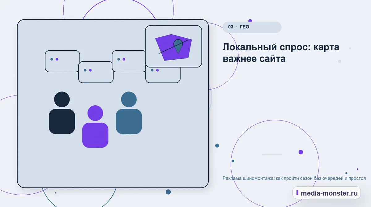 Изображение 3: Аудитория и сценарий выбора — Реклама шиномонтажа: как пройти сезон без очередей и простоя | Media Monster Аудитория и сценарий выбора. Локальный спрос: карта важнее сайта: иллюстрация к статье «Реклама шиномонтажа: как пройти сезон без очередей и простоя»