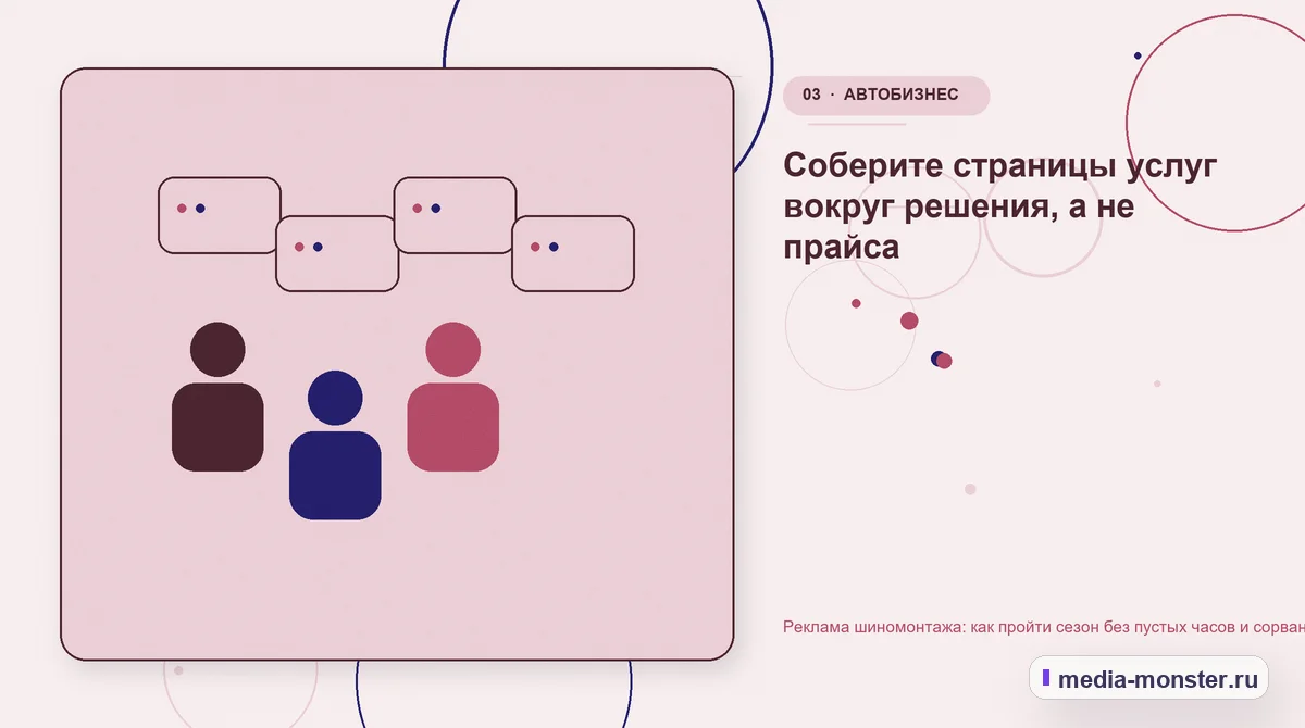 Реклама шиномонтажа: как пройти сезон без пустых часов и сорванной записи — иллюстрация к разделу «Соберите страницы услуг вокруг решения, а не прайса»