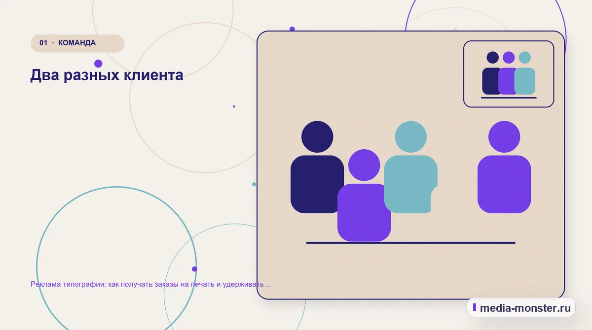 Ключевая тема материала. Два разных клиента: иллюстрация к статье «Реклама типографии: как получать заказы на печать и удерживать корпоративных клиентов»