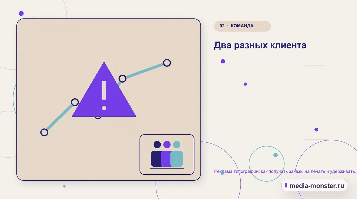 Изображение 2: Проблема и точка потери — Реклама типографии: как получать заказы на печать и удерживать корпоративных клиентов | Media Monster Проблема и точка потери. Два разных клиента: иллюстрация к статье «Реклама типографии: как получать заказы на печать и удерживать корпоративных клиентов»