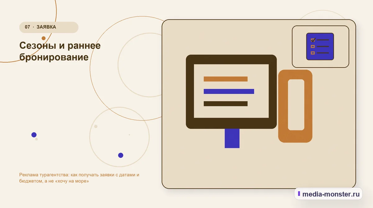 Изображение 7: Каналы и точки контакта — Реклама турагентства: как получать заявки с датами и бюджетом, а не «хочу на море» | Media Monster Каналы и точки контакта. Сезоны и раннее бронирование: иллюстрация к статье «Реклама турагентства: как получать заявки с датами и бюджетом, а не «хочу на море»»