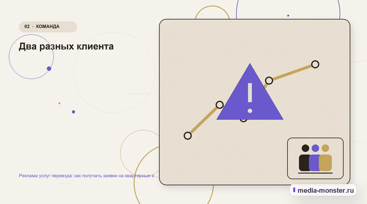 Изображение 2: Проблема и точка потери — Реклама услуг переезда: как получать заявки на квартирные и офисные переезды | Media Monster Проблема и точка потери. Два разных клиента: иллюстрация к статье «Реклама услуг переезда: как получать заявки на квартирные и офисные переезды»