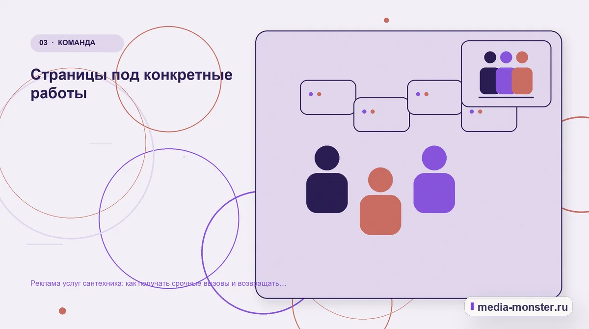 Аудитория и сценарий выбора. Страницы под конкретные работы: иллюстрация к статье «Реклама услуг сантехника: как получать срочные вызовы и возвращать клиентов»