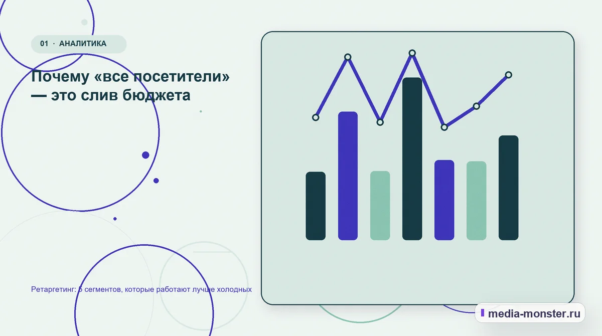 Изображение 1: Ключевая тема материала — Ретаргетинг: 5 сегментов, которые работают лучше холодных | Media Monster Ключевая тема материала. Почему «все посетители» — это слив бюджета: иллюстрация к статье «Ретаргетинг: 5 сегментов, которые работают лучше холодных»